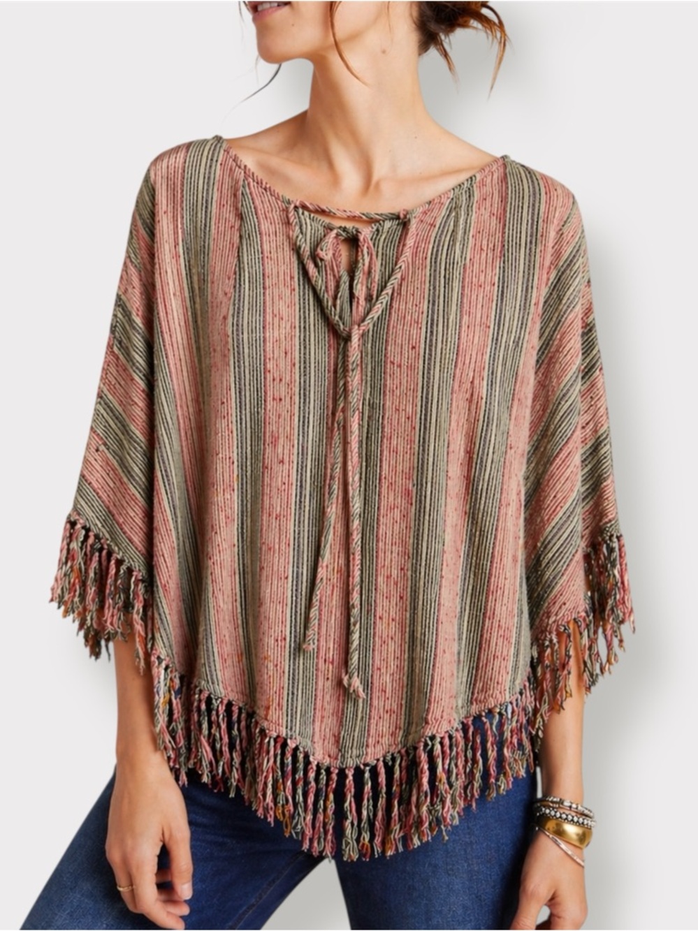 Billabong Striped Fringe Poncho Boho Tie Neck S/M